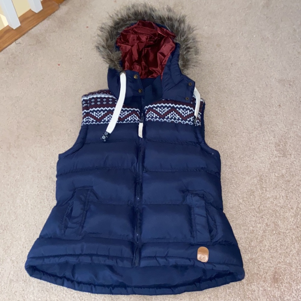 Navy Blue Women's Puffer Vest with Faux Fur Hood